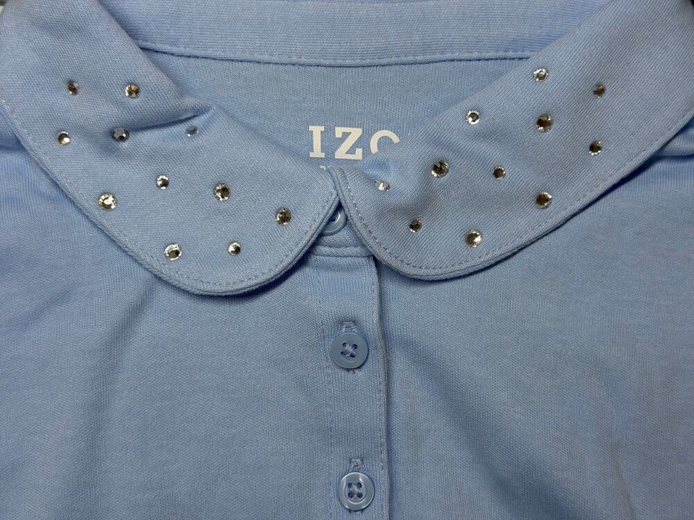 NEW! Izod Girls Short Sleeve Peter Pan Dazzle Collar Polo Shirt Blue Size XL 16
